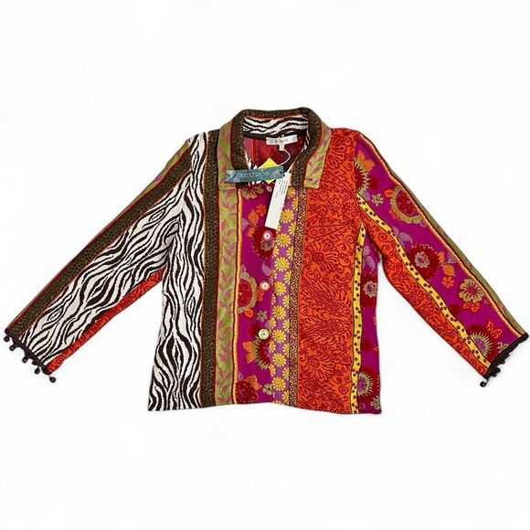 Azuleros NWT French Boho Jacquard Knit Jacket M Mix Print Flora Zebra Statement - Picture 4 of 16